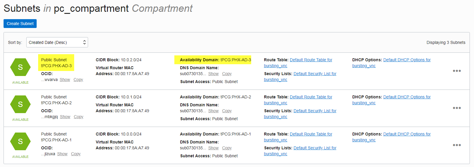 Subnet and Associated Availability Domain