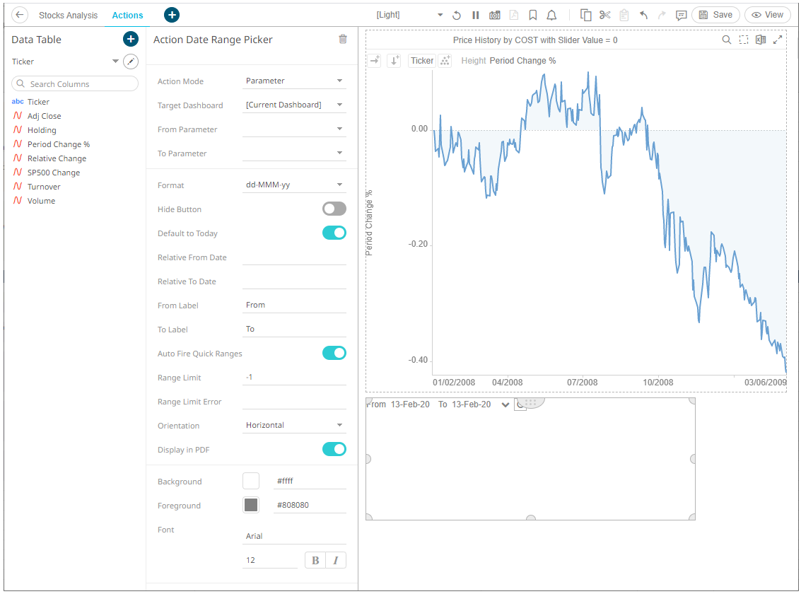 Altair Panopticon Web Authoring Help - Adding an Action Date Range Picker